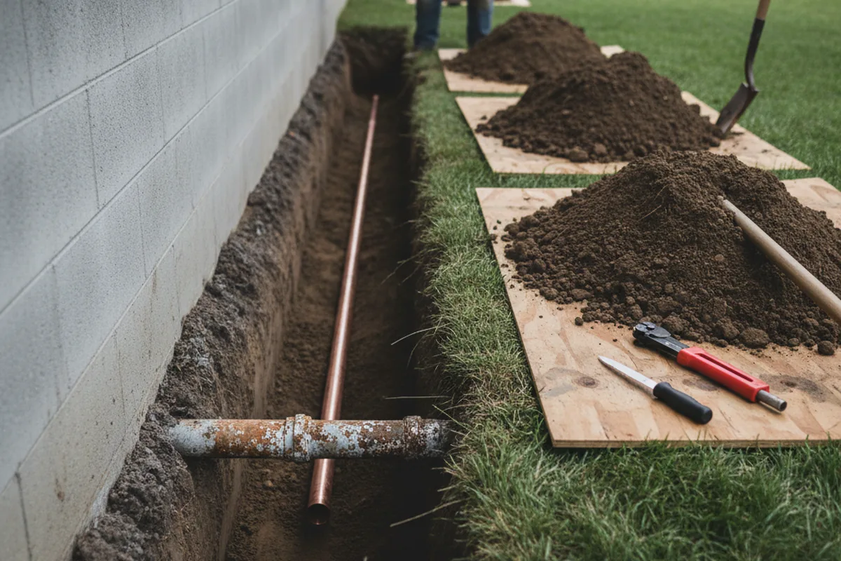 Excavated water line trench during Water Softener Installation in Floral Park
